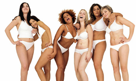 Six women in underwear of different sizes and skin color